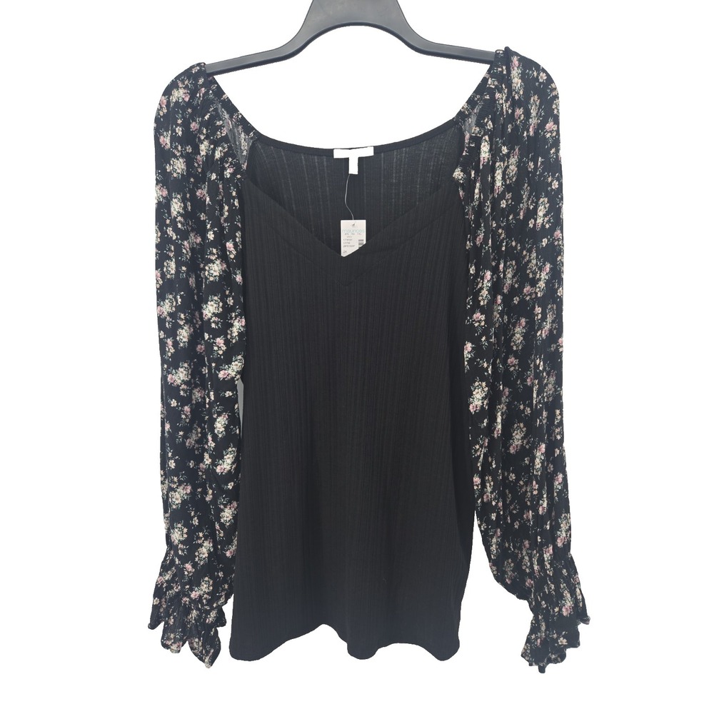 Maurices Women's 2X Black Ribbed Contrast Floral Sleeve V-neck Long Sleeve Top